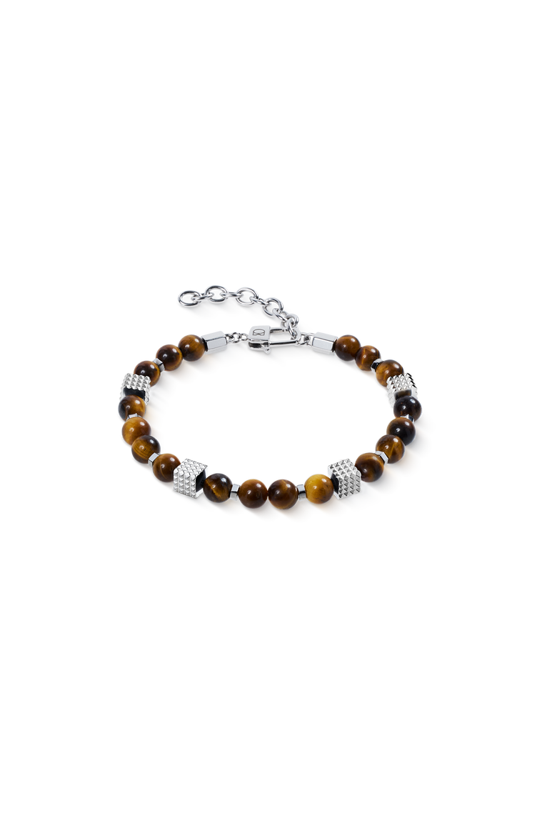 Tiger Eye Bead Bracelet With Mini Spikes Cubes In Stainless Steel, Main, color, Silver