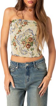 EDIKTED Floral Tapestry Strapless Corset Top