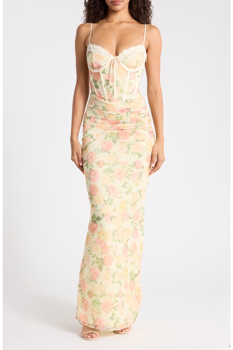 Calista Floral Print Corset Sleeveless Gown, Alternate, color, PEACH FLORAL