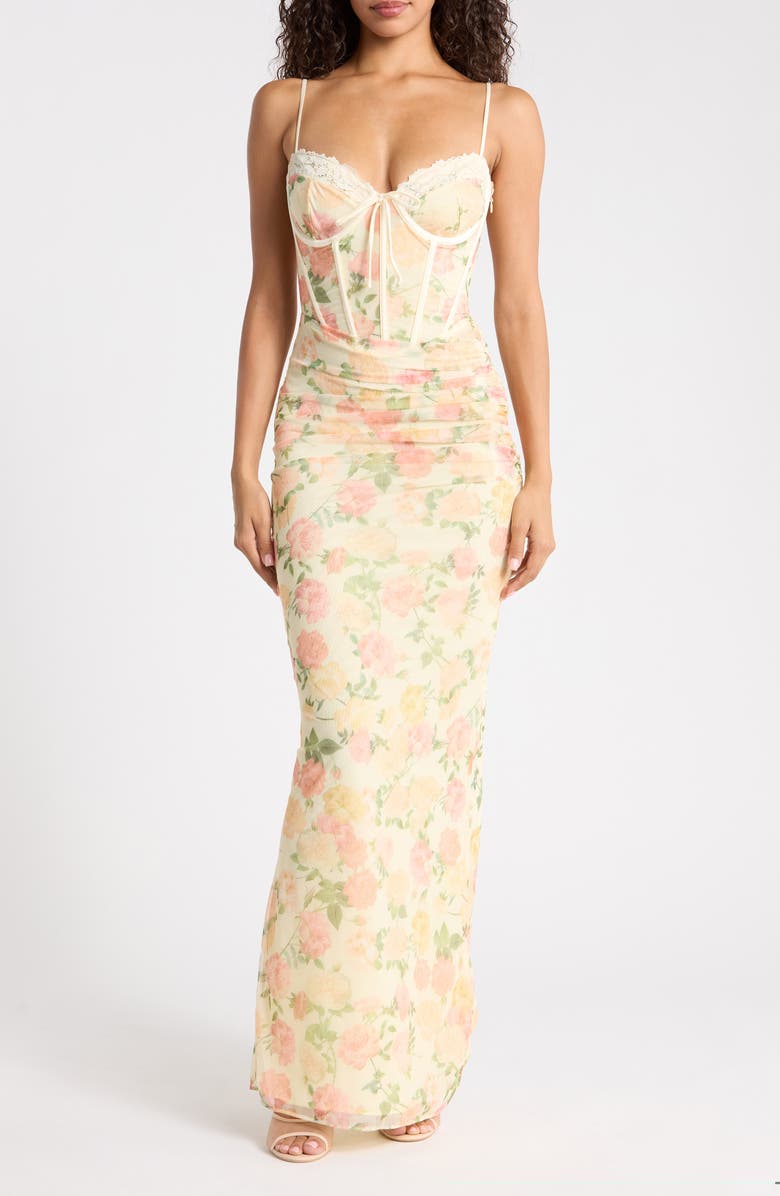 HOUSE OF CB Calista Floral Print Corset Sleeveless Gown, Main, color, Peach Floral