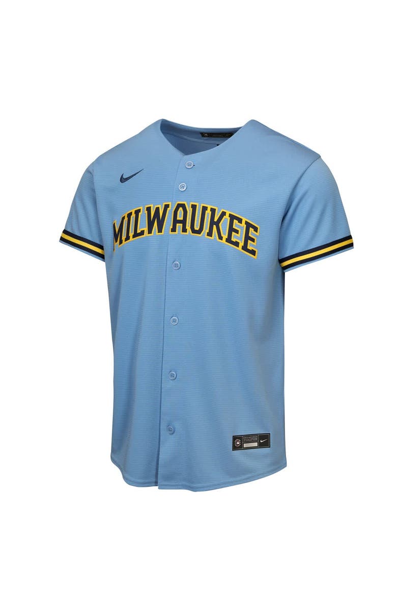Nike Youth Nike Jackson Chourio Light Blue Milwaukee Brewers Road Replica Jersey, Alternate, color, Light Blue