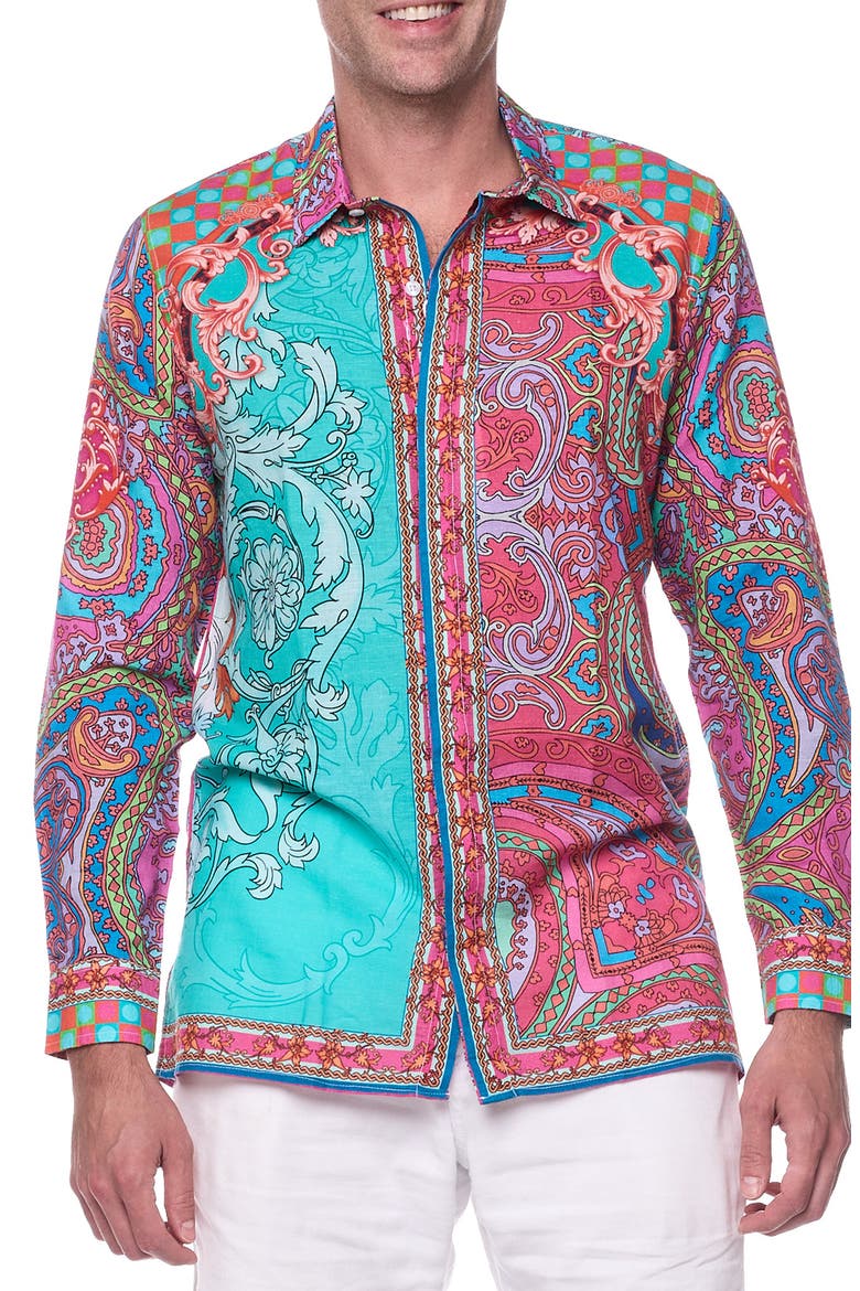 Paisley Linen & Cotton Blend Button-Up Shirt, Main, color, TEAL MULTI