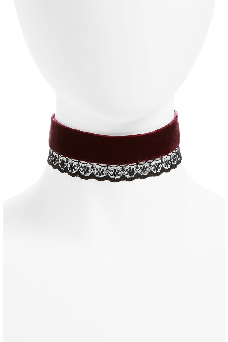 Velvet & Lace Choker, Main, color, BURGUNDY