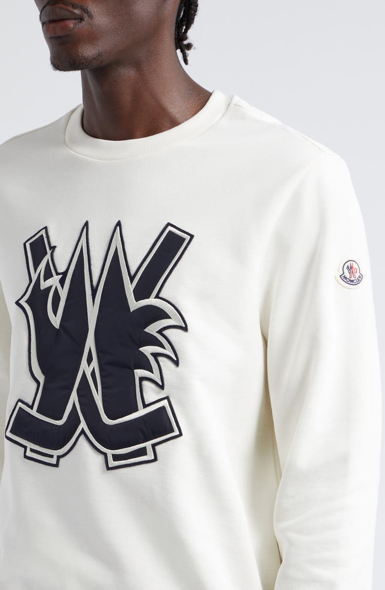Moncler Hockey Appliqué Cotton Crewneck Sweatshirt, Alternate, color, Bright White