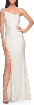 La Femme Rhinestone One Shoulder Prom Dress with High Slit