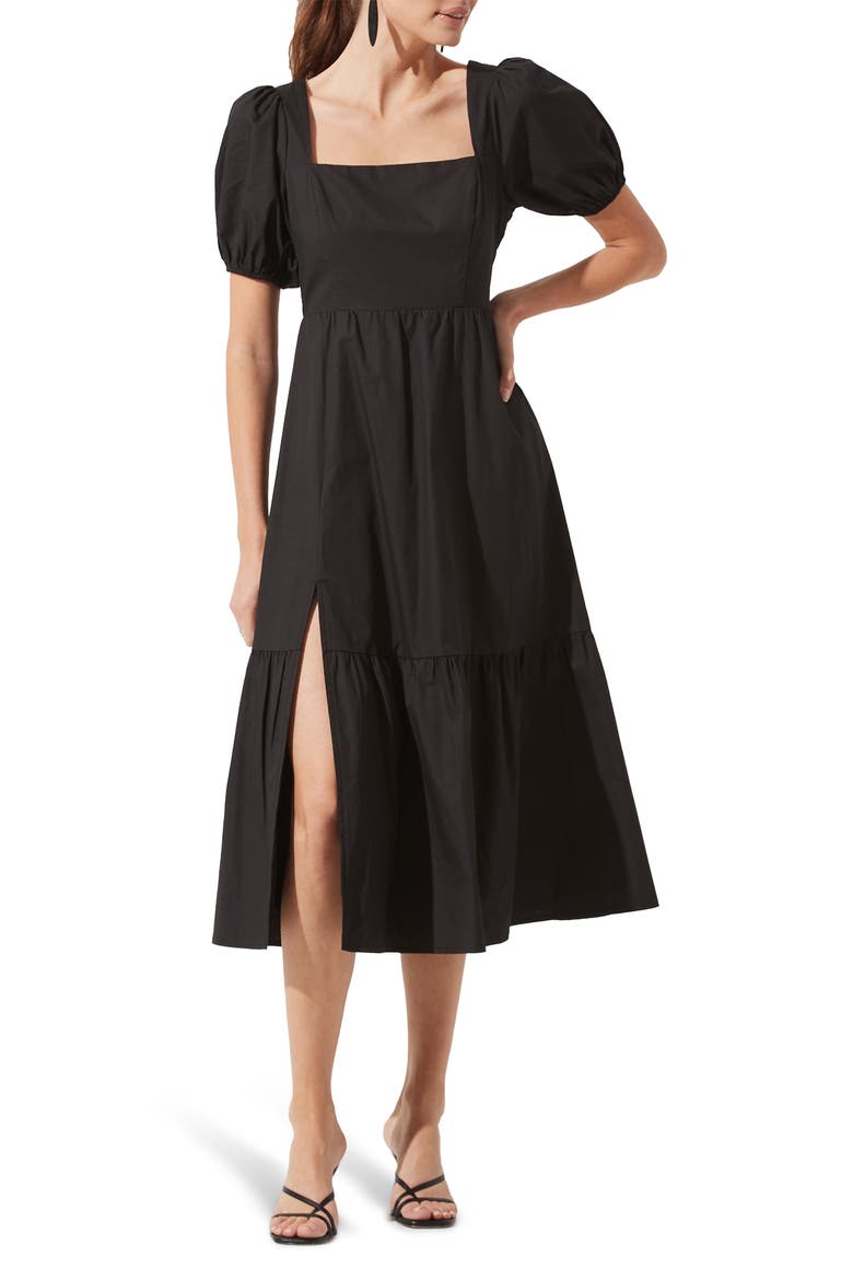 Astr Poplin Puff Sleeve Tiered Midi Dress, Main, color, BLACK