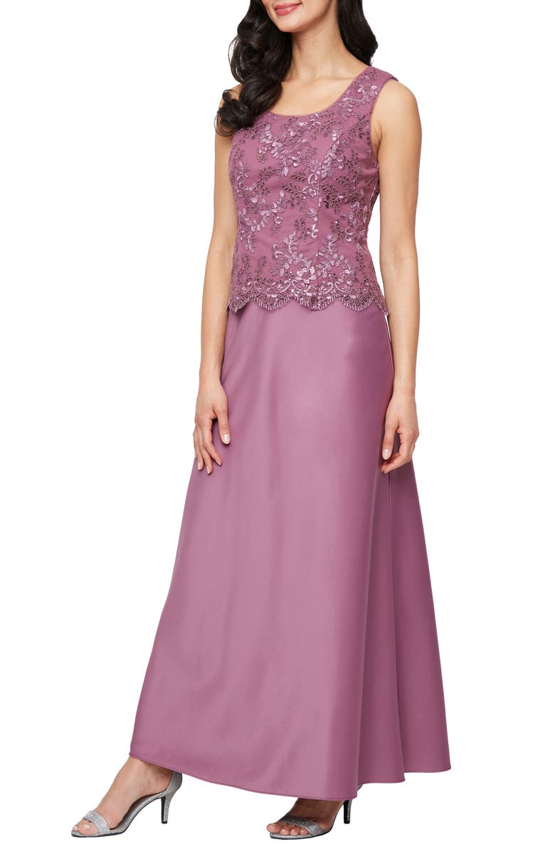 Alex Evenings Embroidered Mock Two-Piece Gown with Jacket, Main, color, Dark Mauve