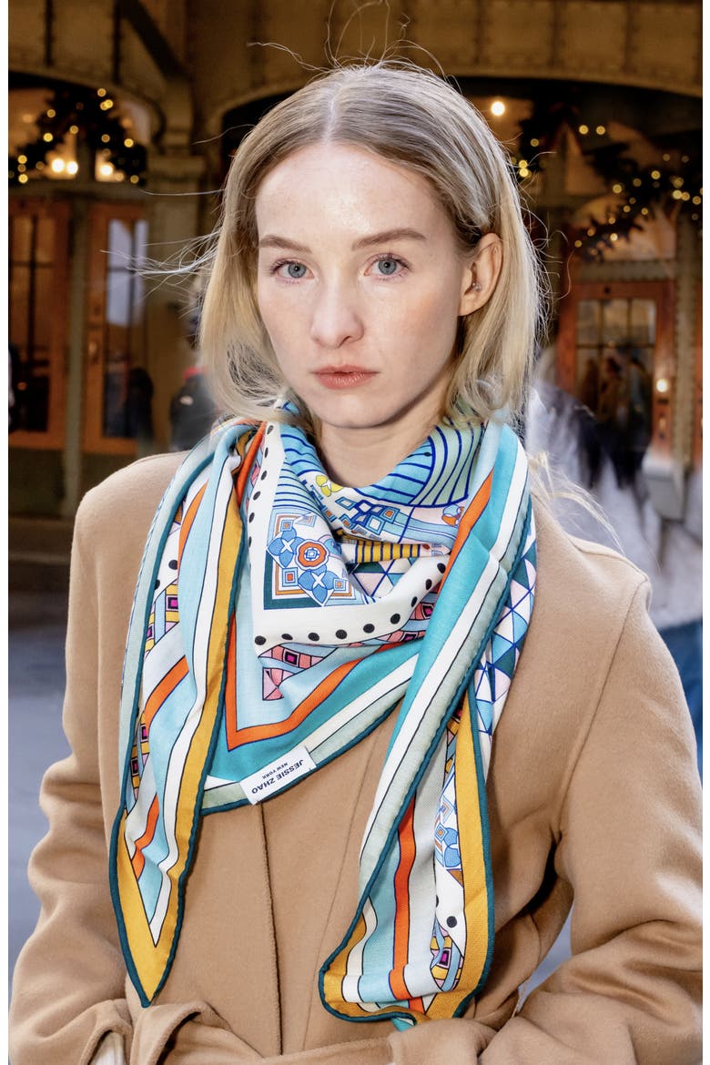 Double Sided Wool Silk Triangle Scarf Of Shapes Reconstruction, Alternate, color, Blue