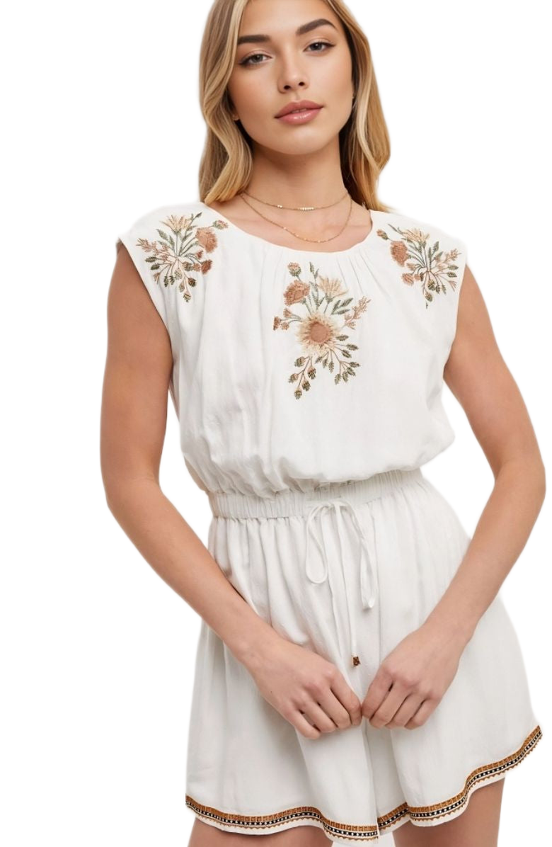 Knit and Lounge Embroidered Cap Sleeve Drawstring Waist Trimmed Hem Boho Romper, Alternate, color, 