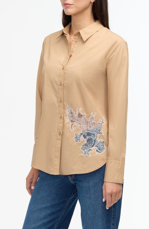 Ellen Tracy Embroidered Flower Poplin Button-up Shirt In Camel