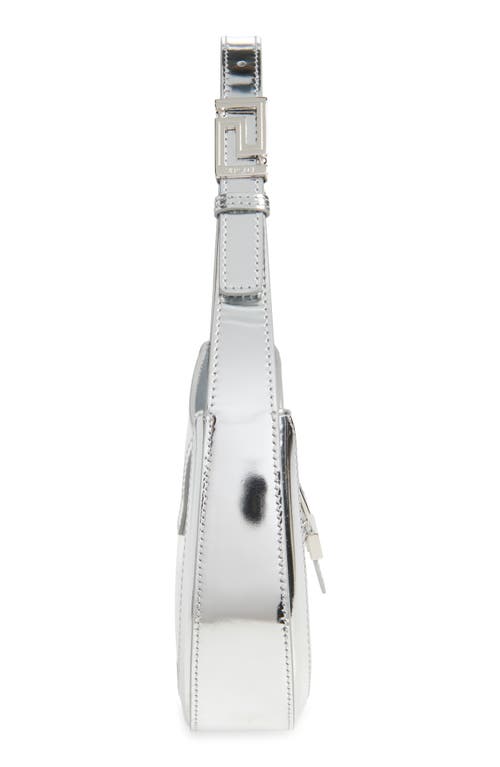 Versace Small Greca Metallic Leather Hobo Bag In Silver