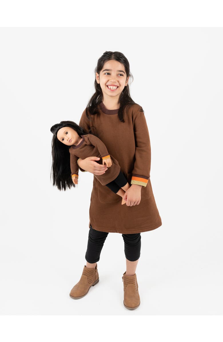 Leveret Girls Sweatshirt Dress with Matching Doll Dress, Main, color, Brown