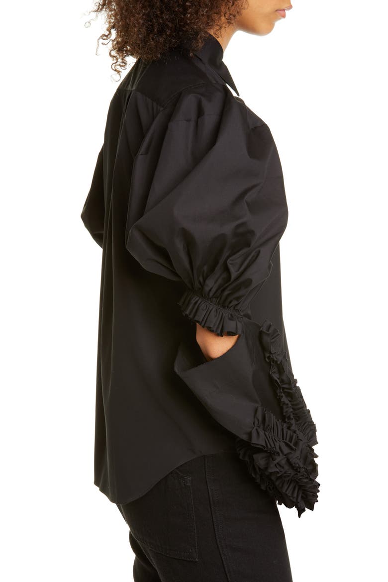 Puff Sleeve Ruffle Cotton Shirt, Alternate, color, BLACK