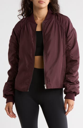 Z By Zella Ruched Sleeve Bomber Jacket In Burgundy