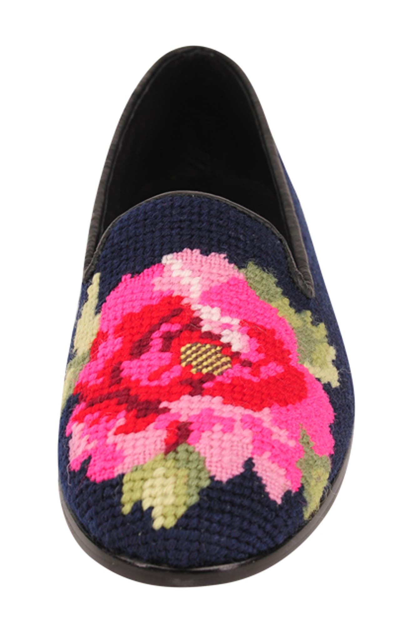 ByPaige Needlepoint Peony Flat, Alternate, color, Pink Peony On Navy Loafer