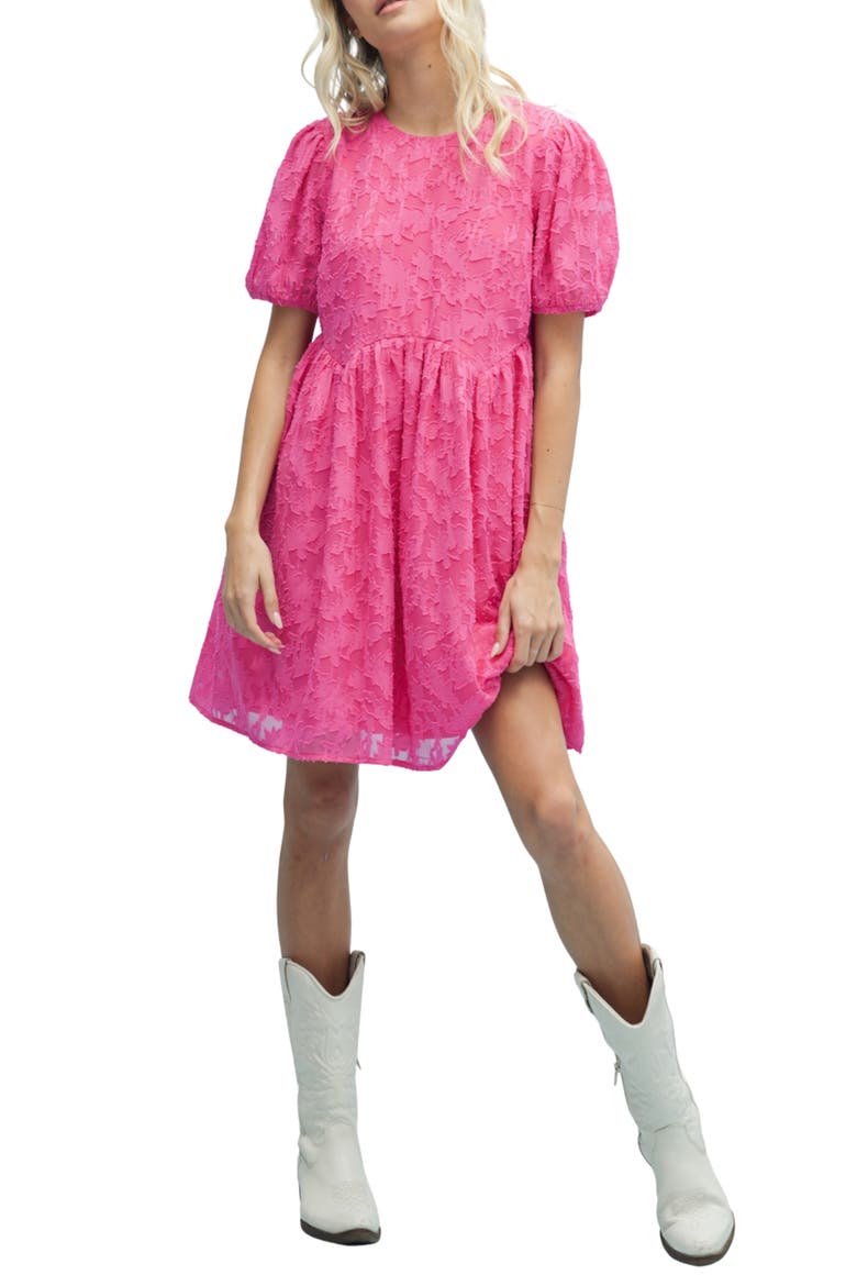 Textured Floral Puff Sleeve Minidress, Main, color, FUCHSIA