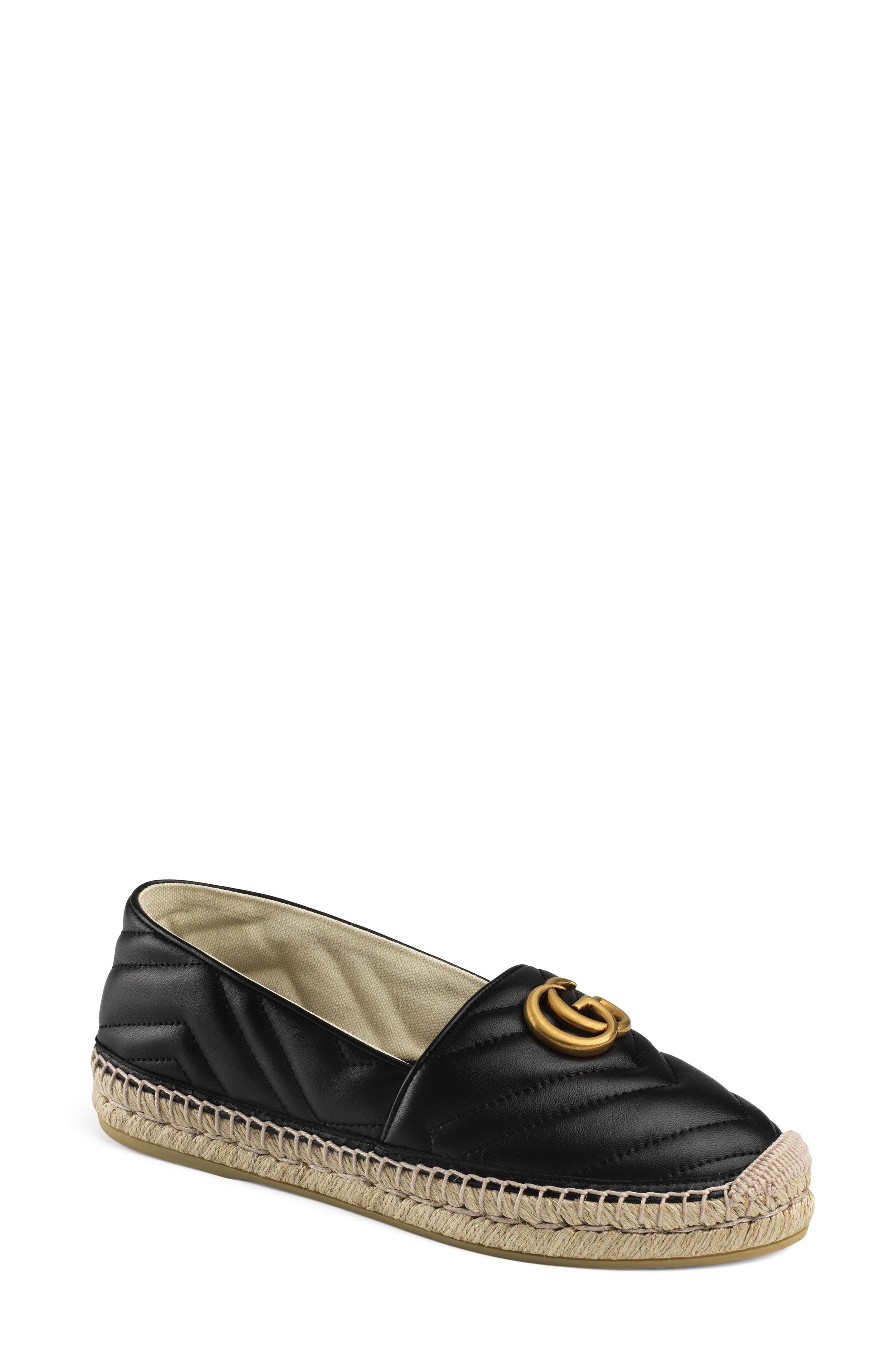 Gucci Pilar GG Matelassé Chevron Flat Espadrille, Main, color, Black Leather