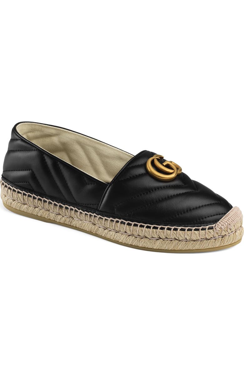 Gucci Pilar GG Matelassé Chevron Flat Espadrille, Main, color, Black Leather