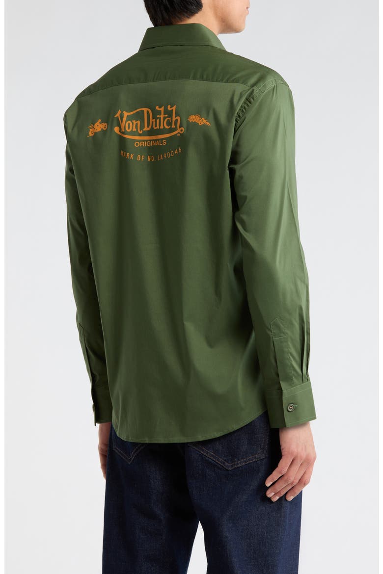 Logo Solid Button-Up Shirt, Alternate, color, OLIVE GREEN