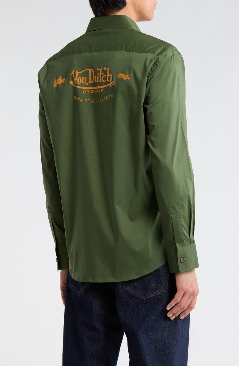 Von Dutch Logo Solid Button-Up Shirt, Alternate, color, Olive Green