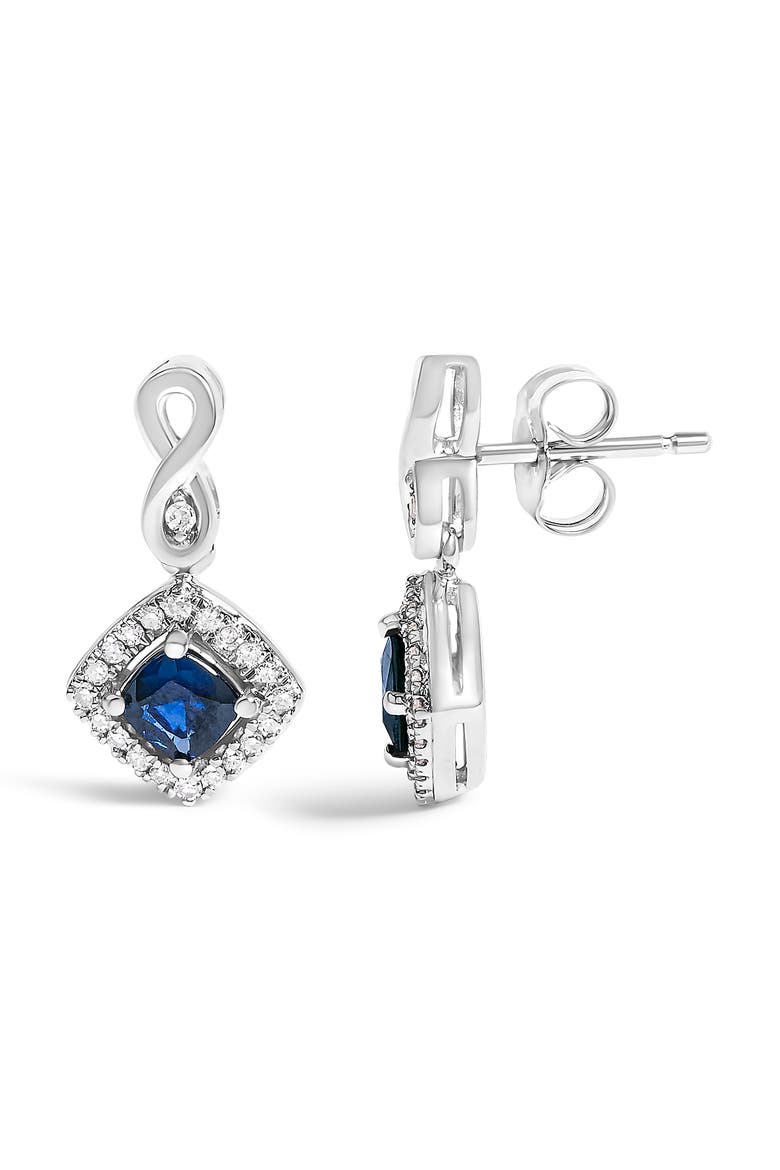 10K White Gold Sapphire and Diamond Halo Cushion Shaped Drop Earrings, Alternate, color, White