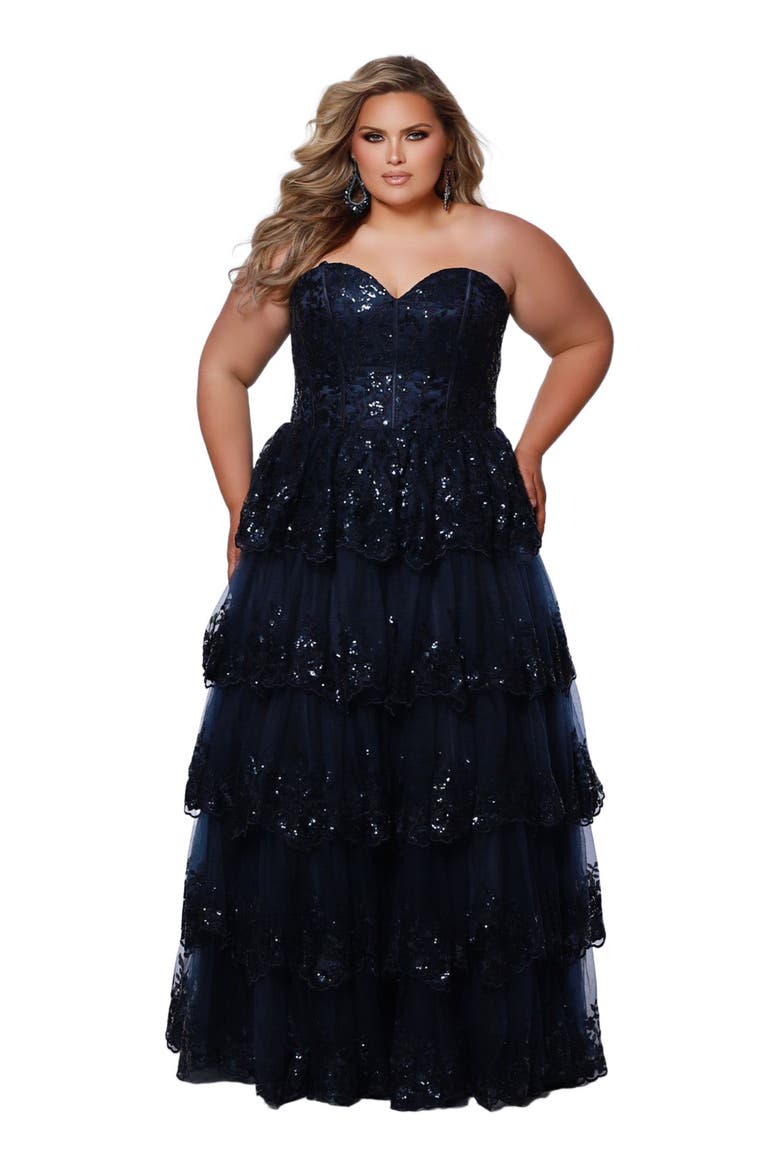 Sweetheart Neckline Tiered Plus Size A-Line Gown, Alternate, color, Navy