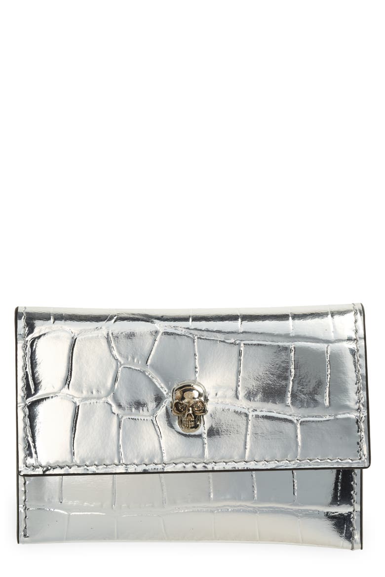 Alexander McQueen Skull Croc Embossed Leather Card Case, Main, color, SILVER