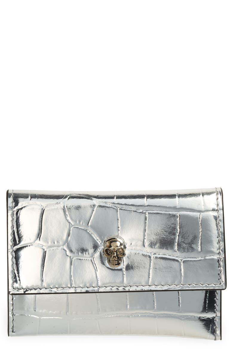 McQueen Alexander McQueen Skull Croc Embossed Leather Card Case, Main, color,