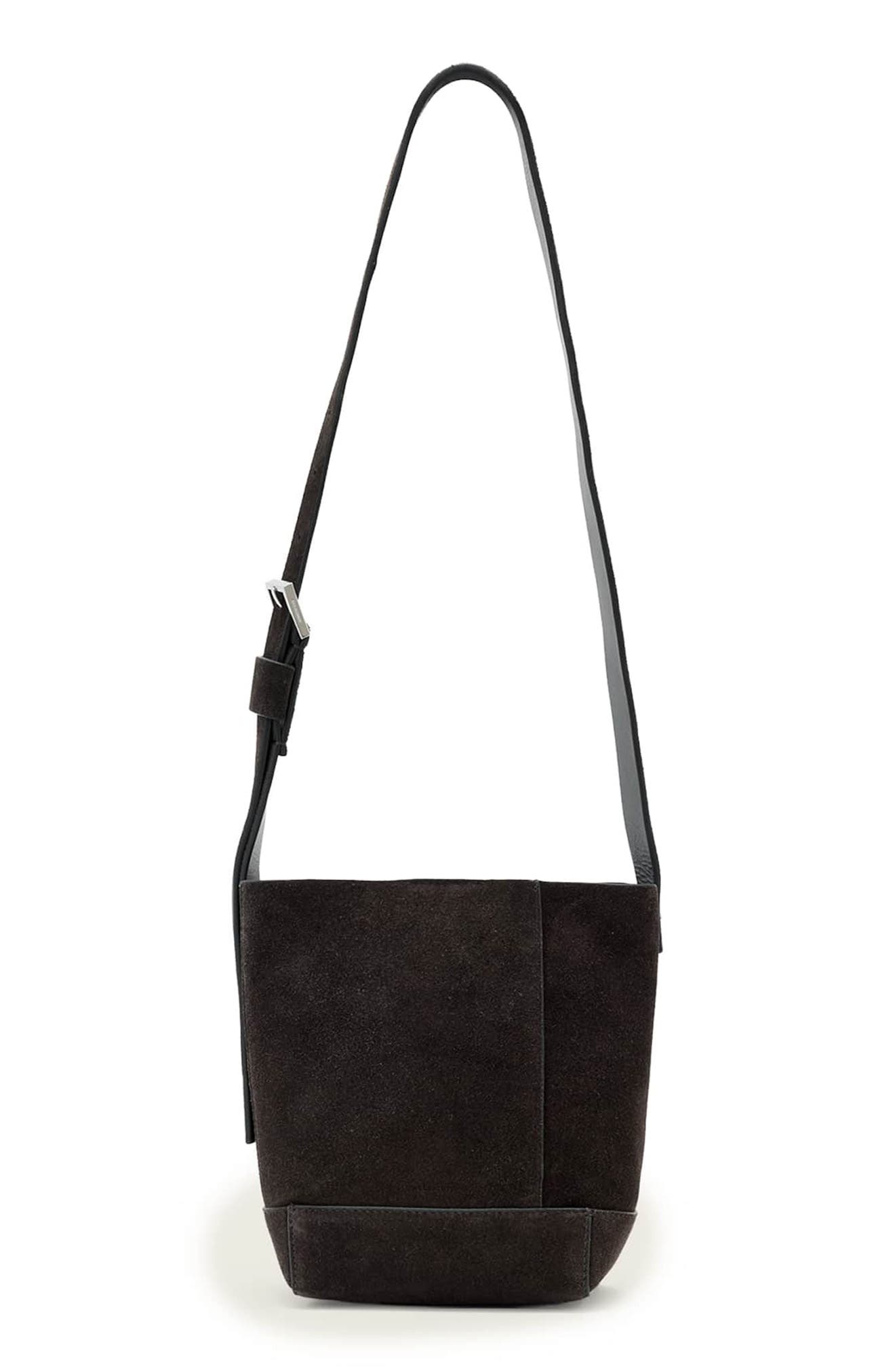 AllSaints Mini Alba Suede Crossbody Hobo Bag, Main, color, Bitter Brown
