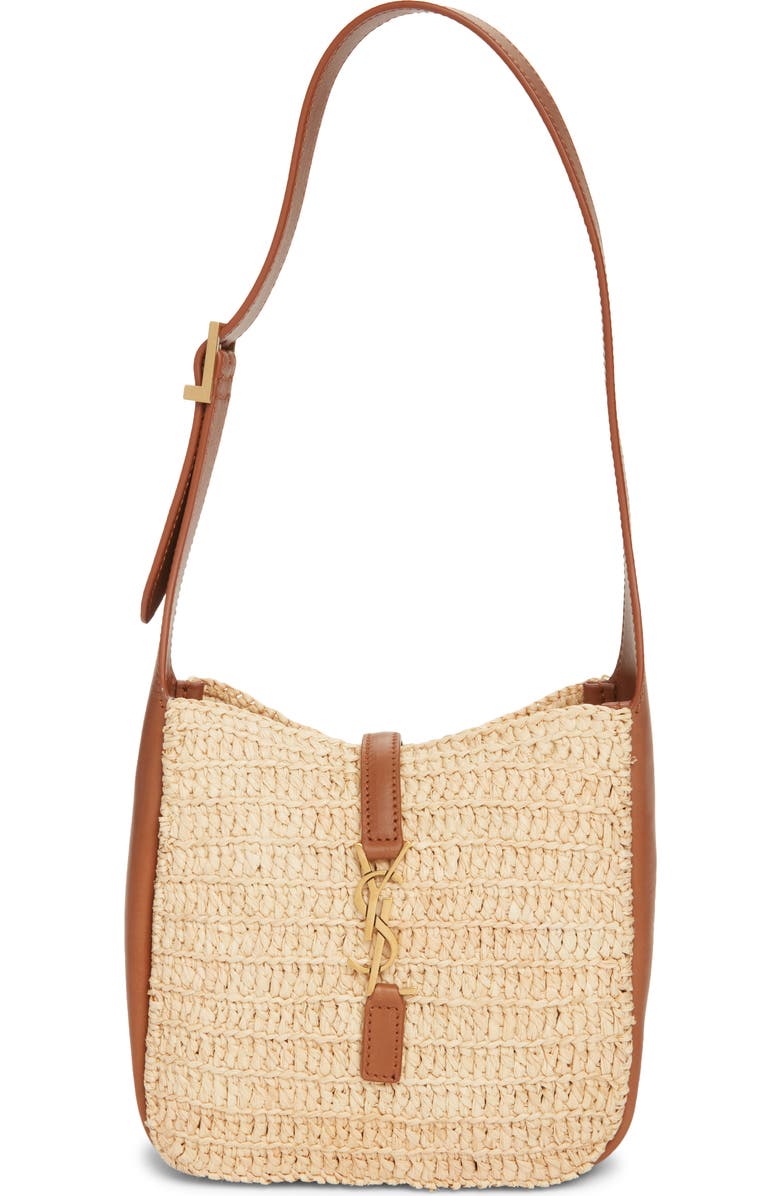 Saint Laurent Baby Le 5 À 7 Raffia & Leather Shoulder Bag, Main, color, Naturel/ Brick