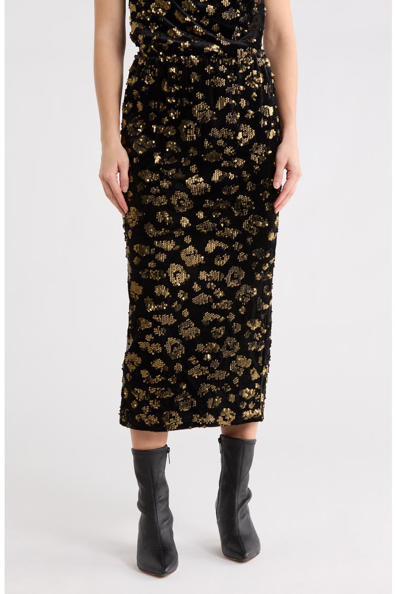 Sequin Pull-On Midi Skirt, Main, color, BLACK/ GOLD SEQUINS