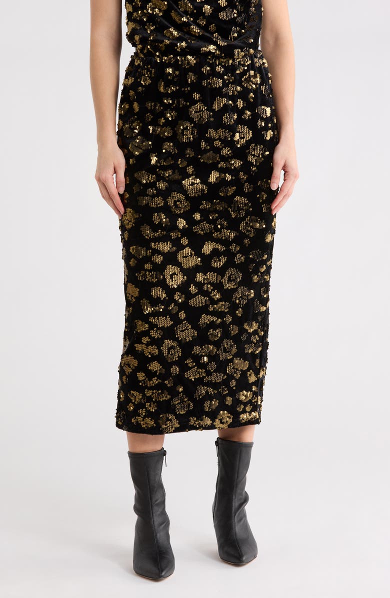 T Tahari Sequin Pull-On Midi Skirt, Main, color, Black/ Gold Sequins