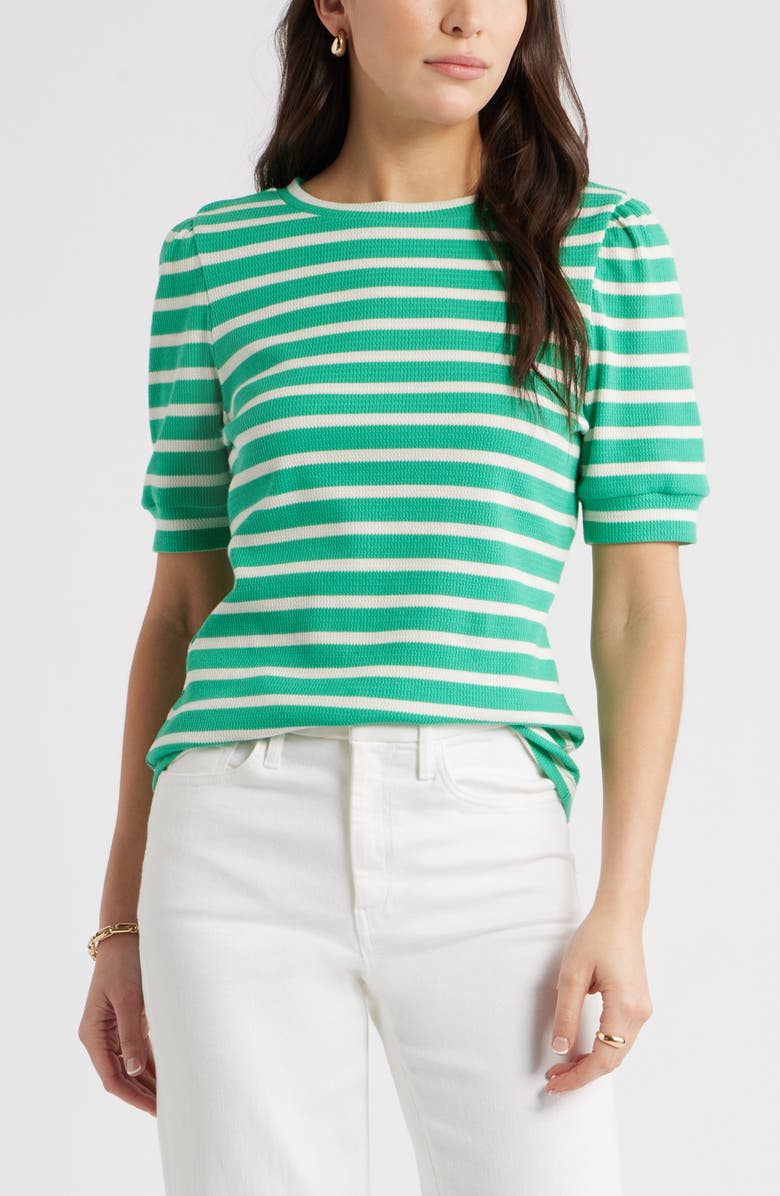 Caslon<sup>®</sup> Stripe Elbow Sleeve Cotton Knit Top, Main, color, Green Ease- Ivory Sena Stripe