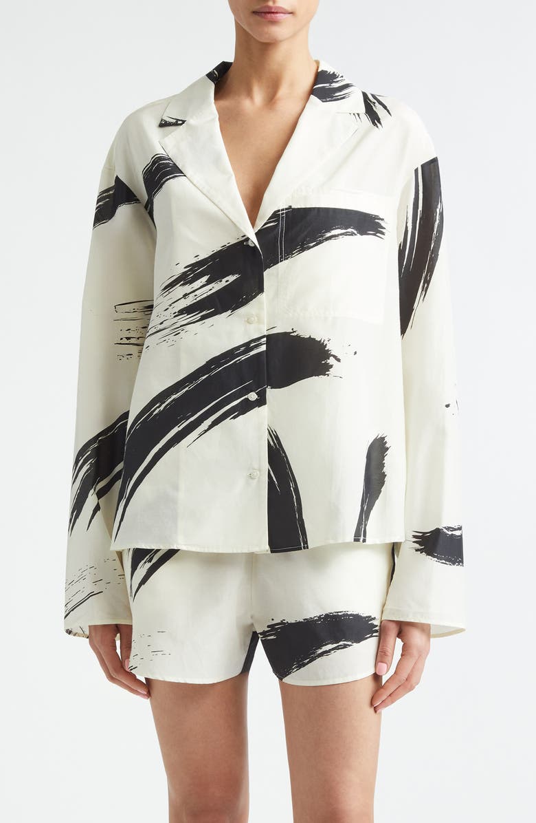 LOULOU DE SAISON Sana Loose Fit Cotton & Silk Voile Button-Up Shirt, Main, color, Ivory/ Black