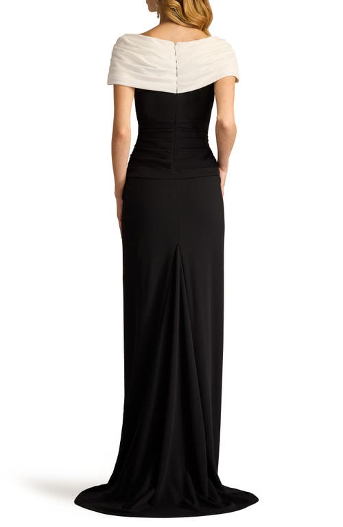 Tadashi Shoji Textured Crepe Cap Sleeve Contrast Gown In Black/ivory