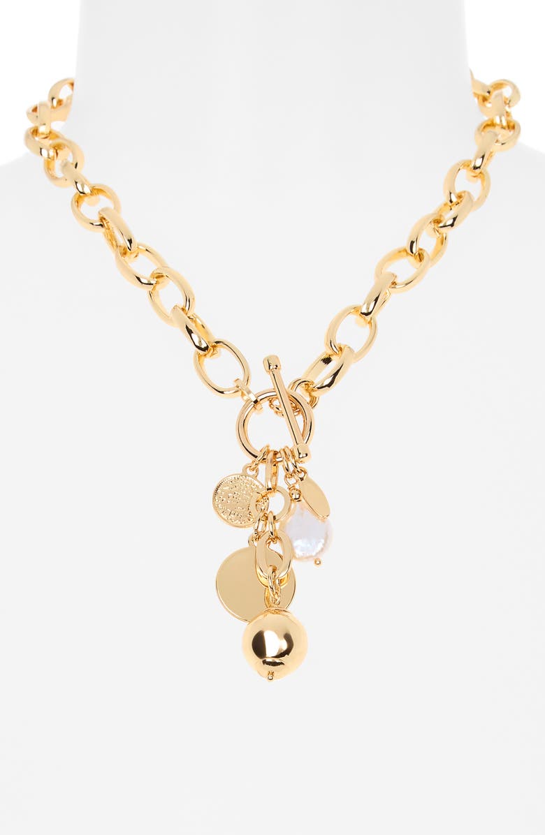 Tasha Faux Pearl Mixed Charm Toggle Necklace, Alternate, color, Gold