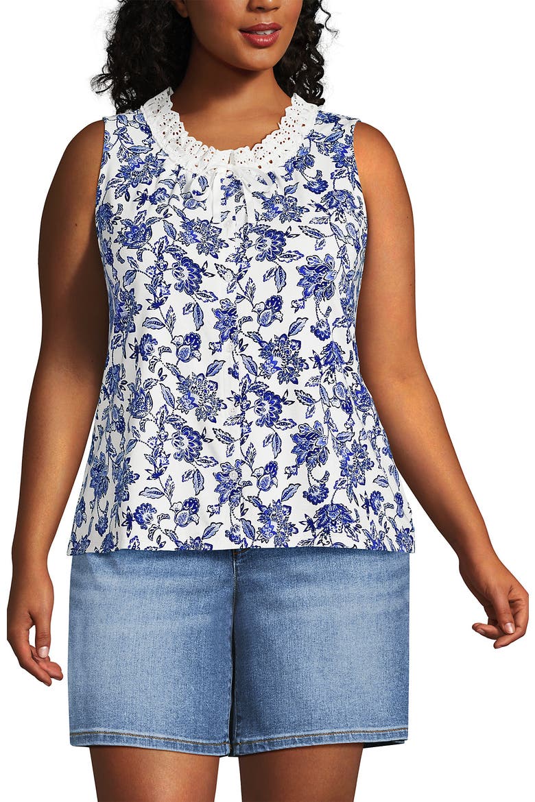 Lightweight Jersey Button Front Lace Trim Tank, Main, color, Ivory/Blue Vintage Floral