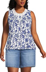 Lands' End Lightweight Jersey Button Front Lace Trim Tank