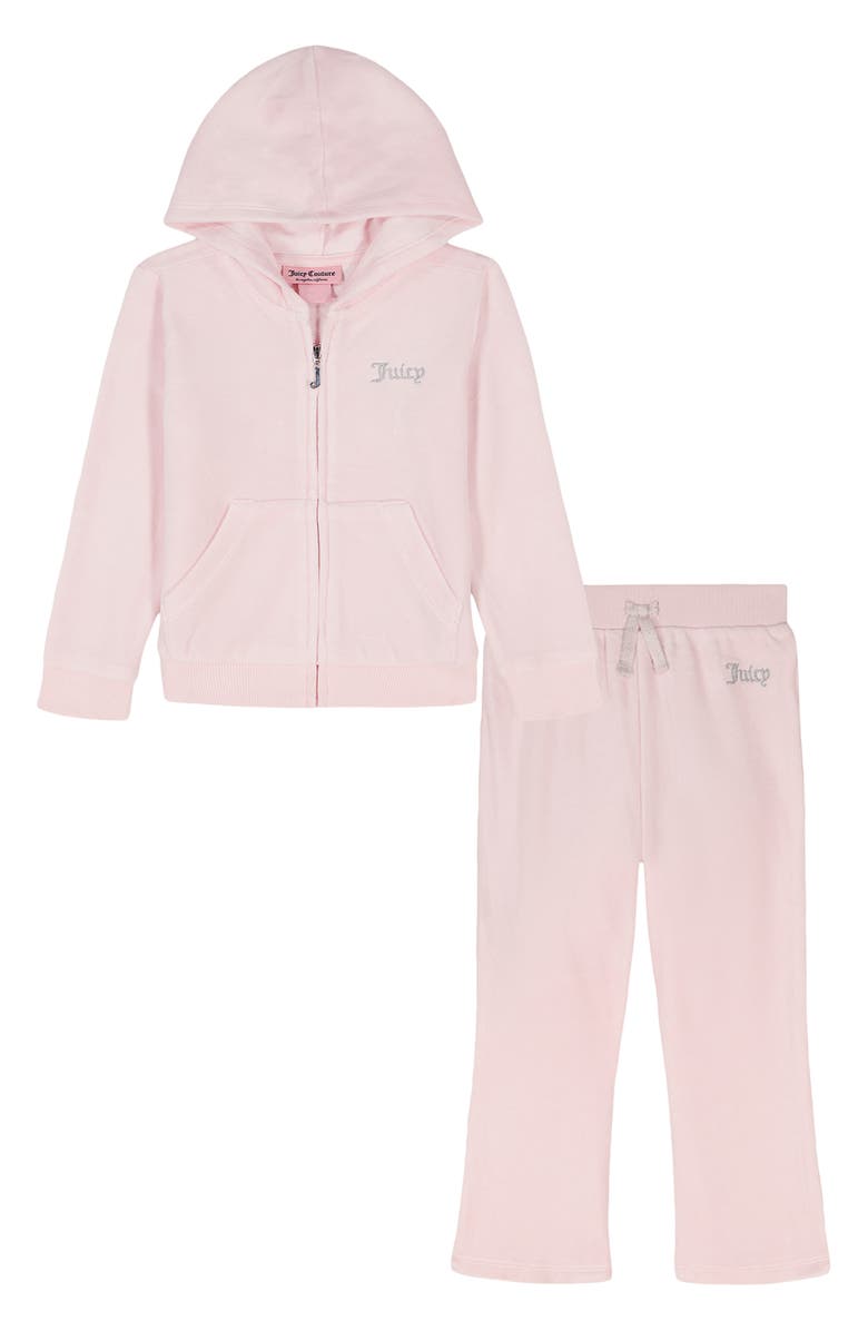 Juicy Couture Kids' Crystal Embellished Velour Zip-Up Hoodie & Joggers Set, Main, color, Pink