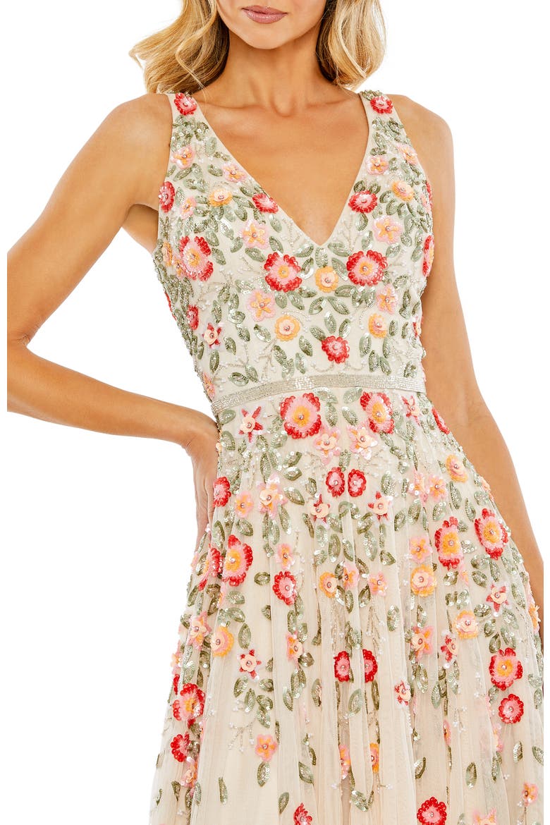 V-neck Sleeveless Midi Floral Beaded A-line Dress, Alternate, color, NUDE MULTI