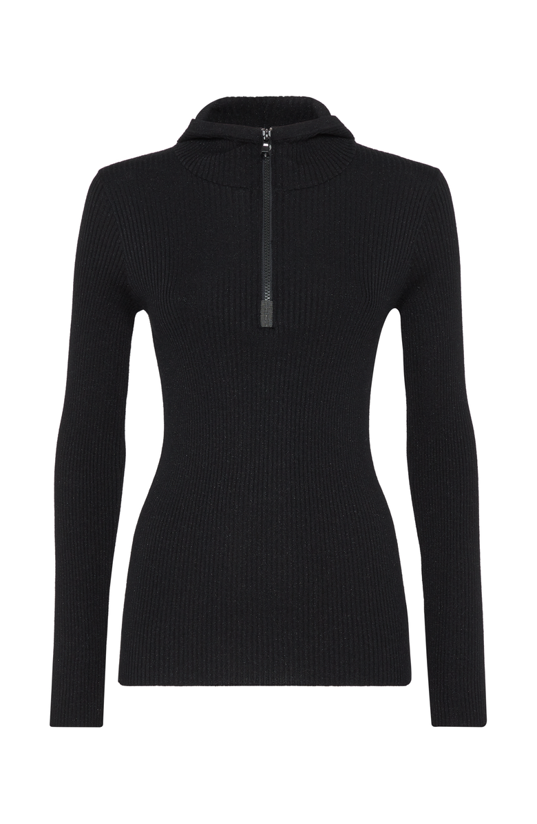 Brunello Cucinelli Sparkling cashmere and silk lightweight rib knit hooded sweater with shiny detail, Main, color, 