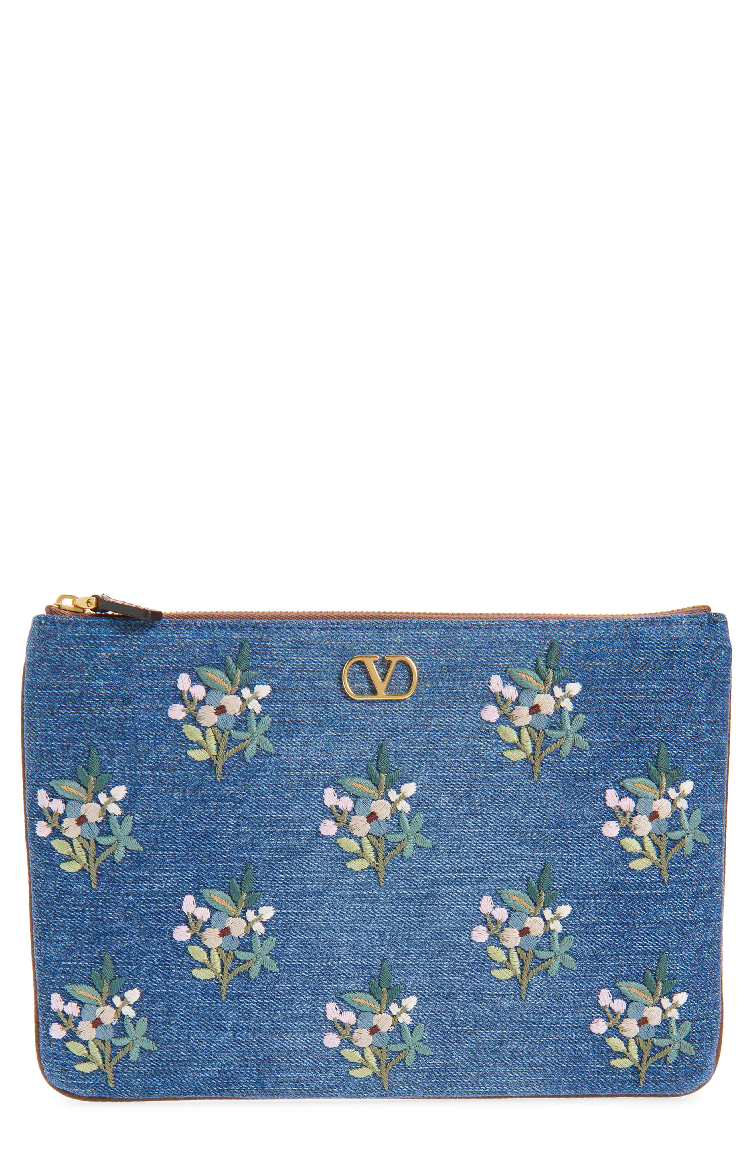 Valentino Garavani Medium VLOGO Embroidered Denim Pouch, Main, color, Blue Multi