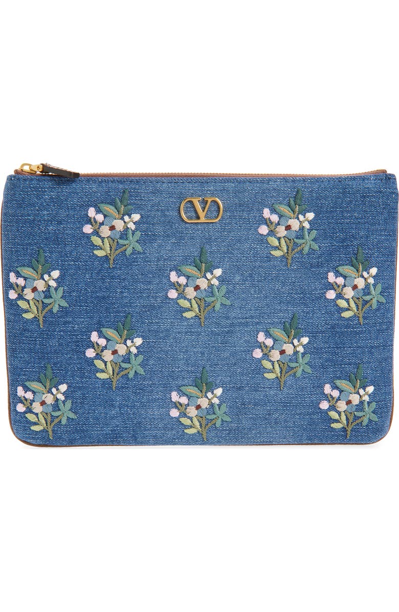 Valentino Garavani Medium VLOGO Embroidered Denim Pouch, Main, color, Blue Multi