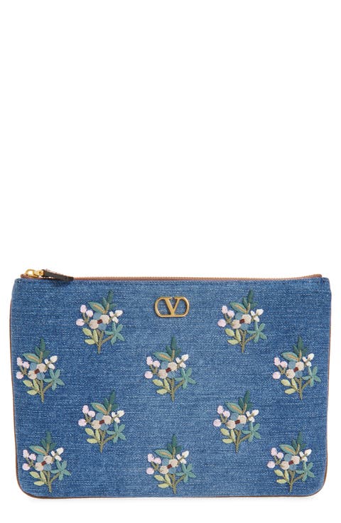 Medium VLOGO Embroidered Denim Pouch