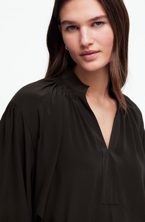 Madewell Shirred Long Sleeve Silk Top In Black