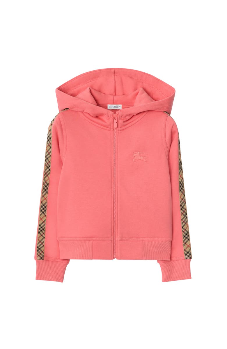Burberry Check Trim Cotton Zip Hoodie, Main, color, Pale Hibiscus