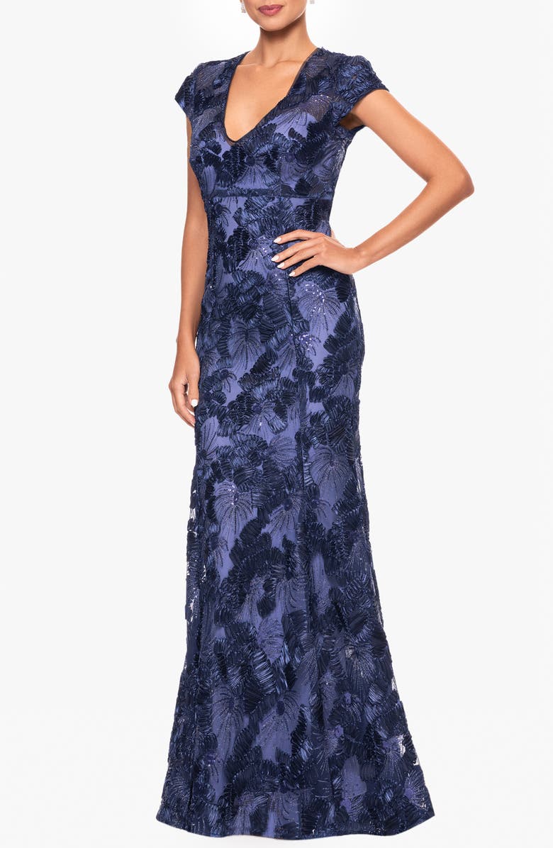 Betsy & Adam Flower Embroidered Cap Sleeve Gown, Alternate, color,