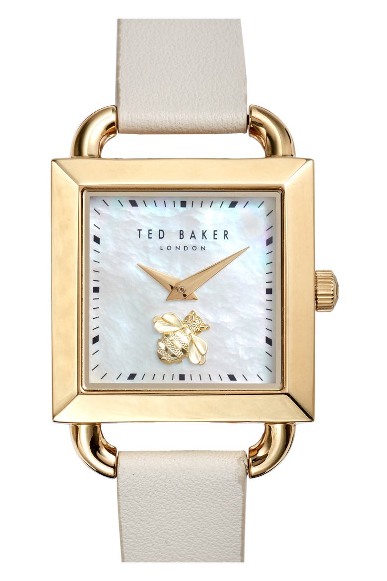 Taliah Bee Leather Strap Watch, 28mm, Main, color, GOLD/ MOP/ CREAM
