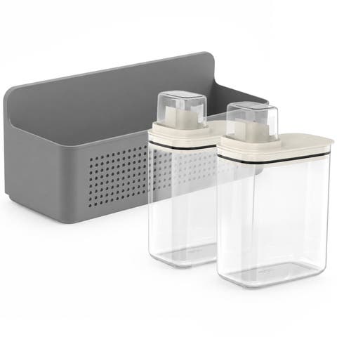 Clear Airtight 50oz Laundry Detergent Dispenser Set with Measuring Cap and Wall Mounted Storage Basket, 3 Piece Organizer