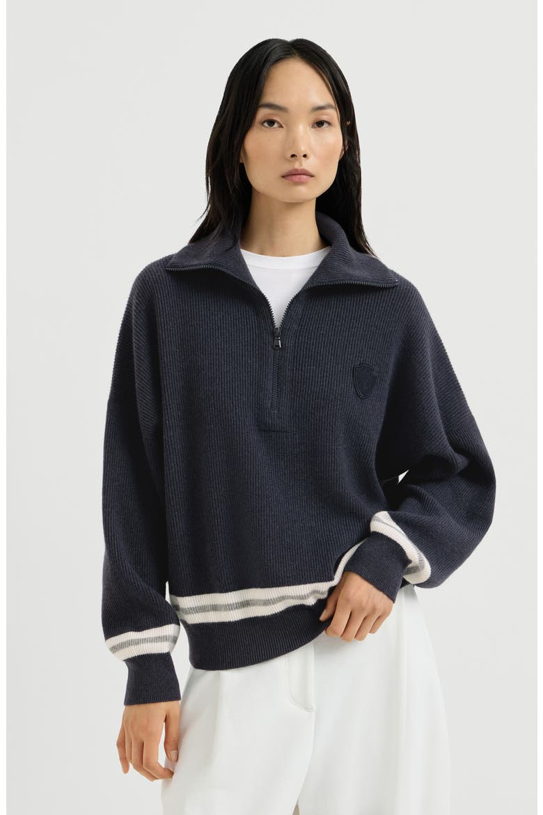 Cashmere English rib turtleneck sweater with half-zip and logo, Main, color, Navy Blue